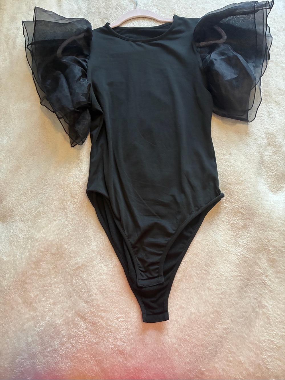 Women’s Black One-Piece with Puffy Organza Sleeves Bodysuit